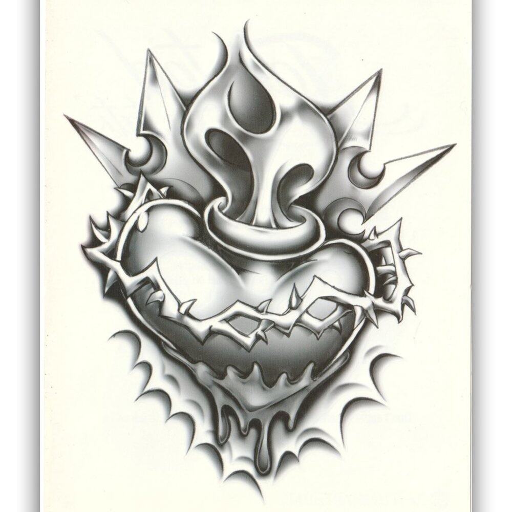 HUGE Sacred Heart Flames Barbed Wire Temporary Tattoo Decal Sticker 6.25 in x 8
